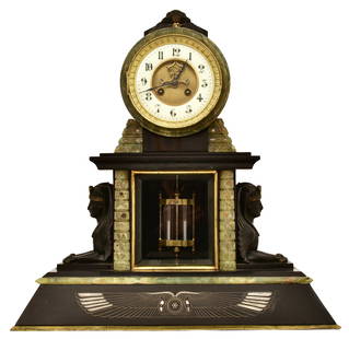 French Egyptian Revival Bronze, Onyx & Slate Mantel Clock: French Egyptian Revival Bronze, Onyx & Slate Mantel Clocklate 19th centurydecorated with hieroglyphic writing, sphinxes and phoenix wings, the porcelain dial with Roman hour numerals, brass 8-day time