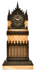 French Gothic Revival Bronze & Sienna Marble Mantel Clock
