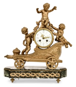 French Gilt Bronze & Marble Chariot Mantel Clock