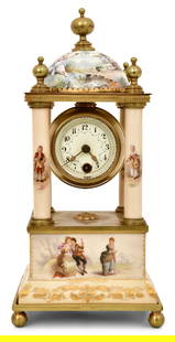 Gustav Becker / Royal Vienna Gilt Bronze-Mounted Porcelain Table Clock: Gustav Becker / Royal Vienna Gilt Bronze-Mounted Porcelain Table Clocklate 19th centurythe case with a domed top and decorated with hand-painted scenes of classical figures in garden settings, brass 8