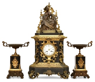 A Large French Bronze & Marble Figural Clock Garniture