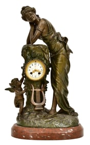 French Patinated Metal & Rouge Marble Figural Clock