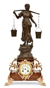 French Patinated Metal, Gilt Metal & Rouge Marble Figural Clock, "At the Source"
