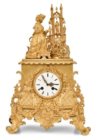 French Gothic Revival Gilt Bronze Mantel Clock