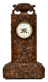 French Carved Walnut Mantel Clock