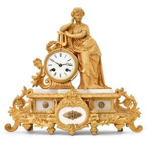 French Gilt Bronze & Marble Figural Mantel Clock
