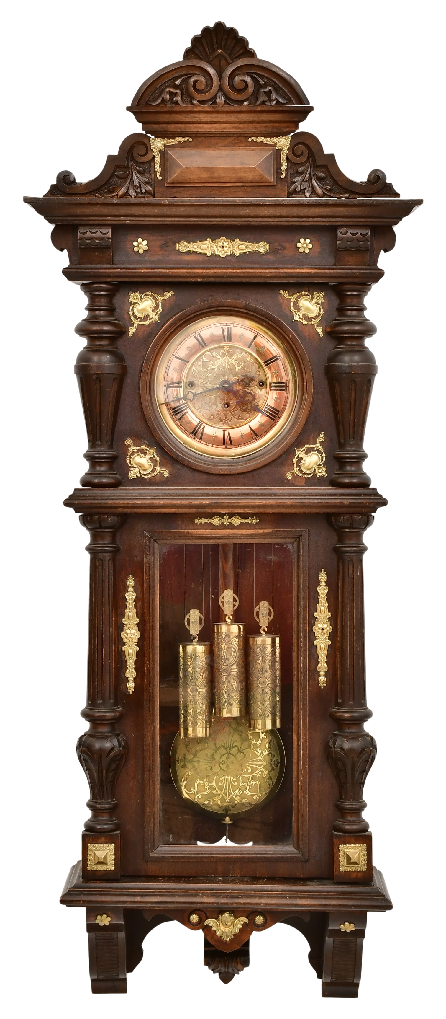 Gustav Becker Three-Weight Grand Sonnerie Vienna Regulator Clock: Gustav Becker Three-Weight Grand Sonnerie Vienna Regulator Clockcirca 1880'swalnut case with carved Corinthian columns, brass 8-day weight-driven grand sonnerie movement, movement signed with firm's m