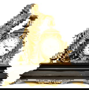 French Egyptian Revival Gilt Bronze Mantel Clock, Retailed by Ball, Black & Co., New York: French Egyptian Revival Gilt Bronze Mantel Clock, Retailed by Ball, Black & Co., New Yorklate 19th centurysurmounted by an Egyptian woman beside foliate, claw feet, heads and a porcelain dial with Rom