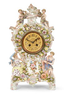 Dresden Porcelain Figural Mantel Clock, Germany: Dresden Porcelain Figural Mantel Clock, Germanylate 19th centurythe case decorated with vibrant flowers and figures, French ebauche 8-day time and strike spring driven movement, case signed with the m