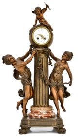 L. & F. Moreau Patinated Metal Figural Mantel Clock, France