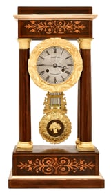 French Empire Gilt Bronze-Mounted & Inlaid Rosewood Portico Clock