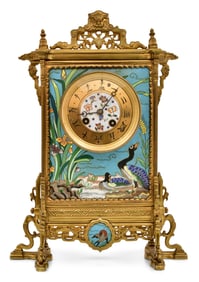 French "Japonisme" Gilt Bronze & Champleve Strut Clock