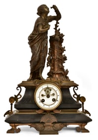 French Bronze & Marble Figural Mantel Clock