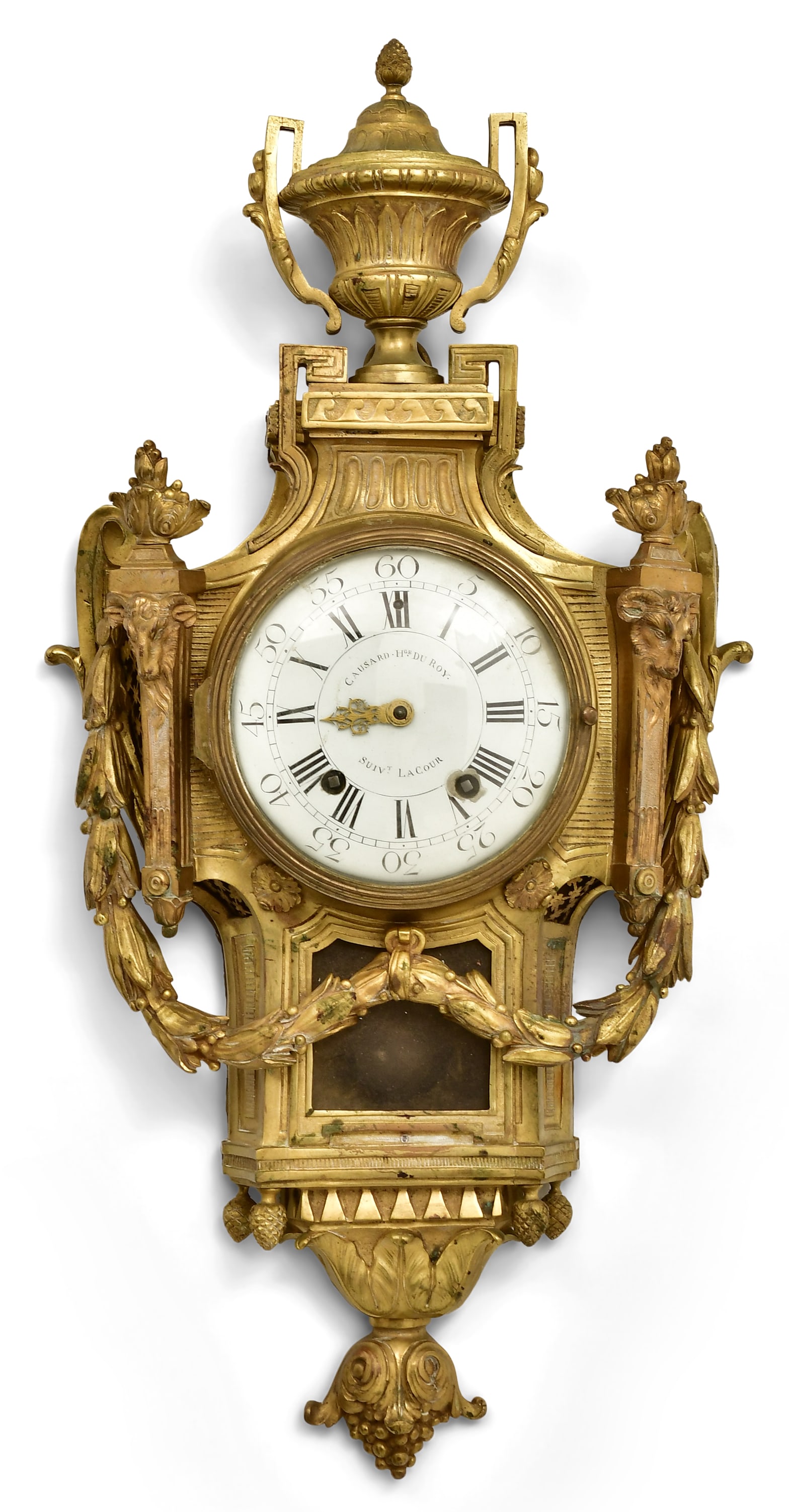 Edme-Jean Causard (French 1720-1780), Gilt Bronze Cartel Clock: Edme-Jean Causard (French 1720-1780), Gilt Bronze Cartel Clock late 18th century gilt bronze case with porcelain dial having Roman and Arabic numerals, 8-day time and strike spring driven movement, si