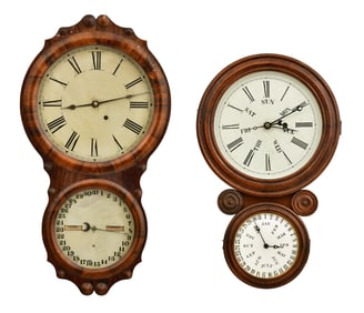 Two America Double Dial Calendar Clocks, Ingraham "Mini Ionic" & Seth Thomas "Calendar No. 7"