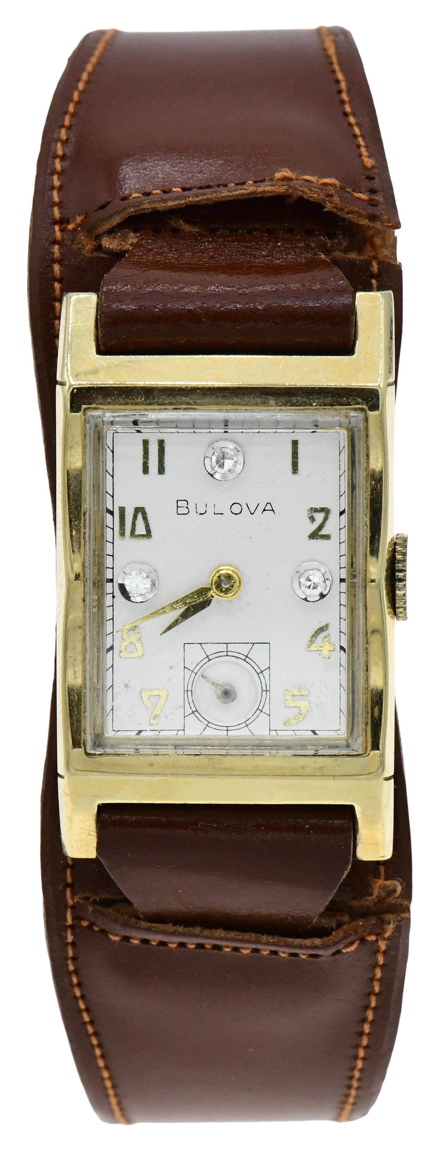 Bulova 14K Gold Wristwatch: Bulova 14K Gold Wristwatch Case: 14K Gold Case Width: 21mm Dial: White Case Number: 4405250 Movement: Manual Signed: Case, dial and movement Provenance: Private Collection, California Other Notes: F
