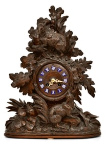 Black Forest Carved Wood Figural Mantel Clock