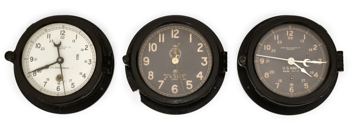 Lot of Three Chelsea Clock Co. Marine Clocks, US Navy & US Government