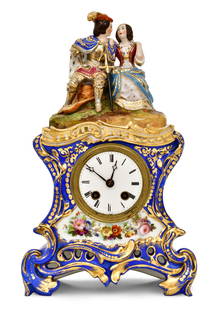 French Porcelain Figural Mantel Clock with Silk Thread Suspension: French Porcelain Figural Mantel Clock with Silk Thread Suspensionearly 19th centurysurmounted by two royal figures, French ebauche 8-day spring driven time and strike movement with silk thread suspens
