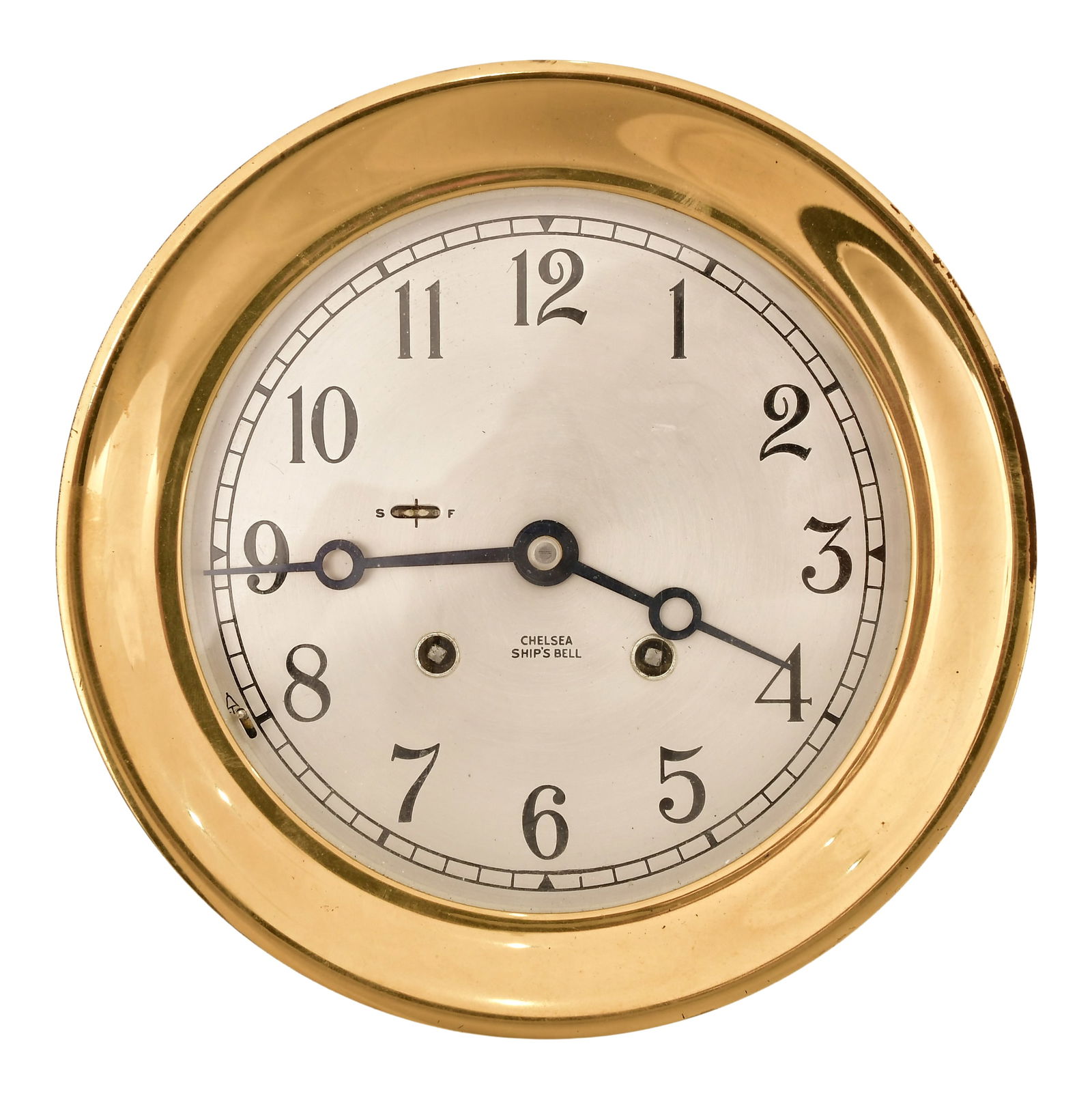 Chelsea Clock Co. Ship's Bell Clock: Chelsea Clock Co. Ship's Bell Clockcirca 1980'sbrass case with 6-inch silvered dial, brass 8-day spring-driven model 4L movement with platform escapement striking ship's bells, signed on the movement