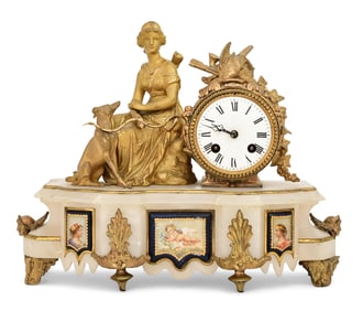 French Gilt Bronze & Alabaster Figural Mantel Clock