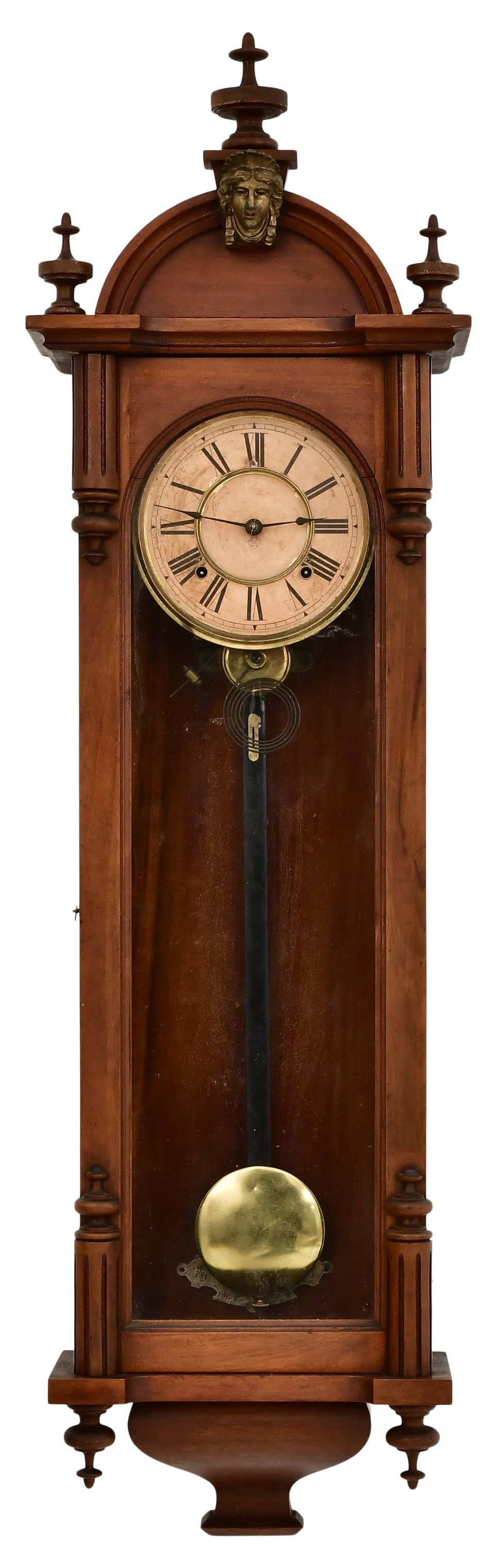 Ansonia Clock Co. "Capital" Wall Clock: Ansonia Clock Co. "Capital" Wall Clockcirca 1894walnut case with arched top and finials, 8-day spring-driven nickel-plated brass time and strike movement with paper dial and spade hands, sig