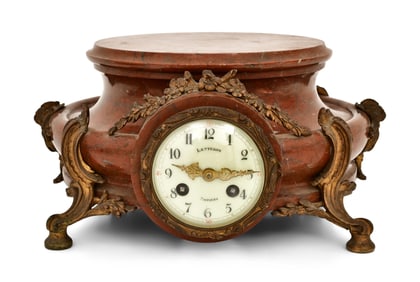 French Gilt Bronze & Rouge Marble Platform Clock