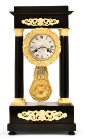 French Empire Gilt Bronze & Ebonized Wood Portico Clock