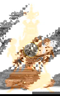 Ansonia Clock Co. Figural Lyre-Form Mantel Clock: Ansonia Clock Co. Figural Lyre-Form Mantel Clockearly 20th centurythe lyre-form case with an urn finial, rooster heads at the corners and hanging garland, flanked by two satyr putti, 8-day brass time