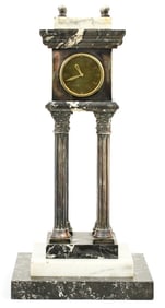 French Silvered Metal & Marble Portico Clock