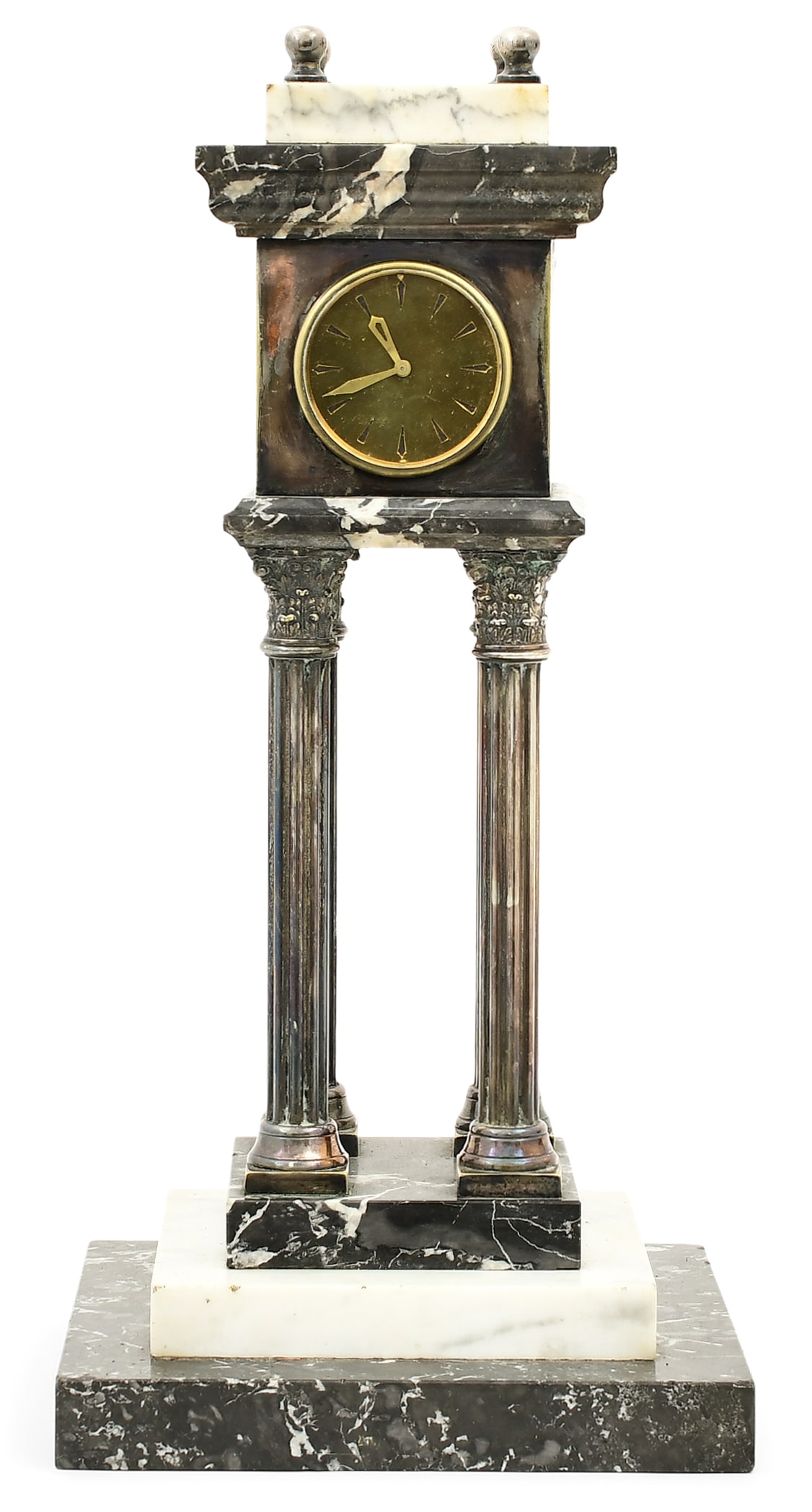 French Silvered Metal & Marble Portico Clock (1 of 7)