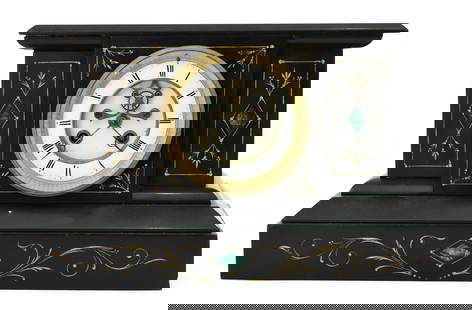 French Slate Mantel Clock: French Slate Mantel Clocklate 19th centuryslate with inset gold and emerald engravings, French ebauche 8-day brass spring driven movement with jeweled brocot escapement, unsigned8 x 13 1/2 x 6 inches
