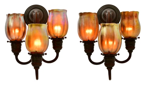 Tiffany Studios, A Pair of Three-Light "Tulip" Sconces