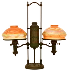Tiffany Studios Double Student Lamp with Decorated Favrile Glass Shades