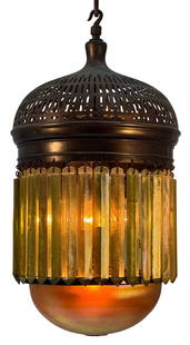 Tiffany Studios, A Large "Moorish" Prism Ceiling Light: Tiffany StudiosA Large "Moorish" Prism Ceiling Lightcirca 1905favrile glass, patinated bronzeshade engraved "L.C.T. Favrile"38 in. drop, 13 in. diameterProvenance: Property from an Important Midwest C
