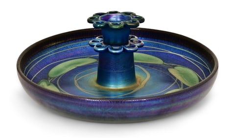 Tiffany Studios Blue Favrile Glass Centerpiece Bowl with Flower Frog