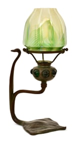 Tiffany Studios Jeweled "Cobra" Candlestick with "Pulled Feather" Shade