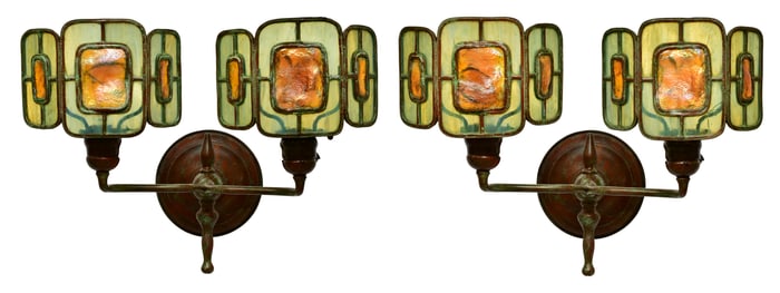 Tiffany Studios, A Pair of Two-Light "Turtle-Back" Sconces