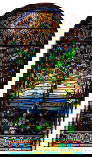 Tiffany Studios Scenic Window, "The Currie Memorial": Tiffany StudiosScenic Window, "The Currie Memorial"circa 1890stained and leaded glass, plated glass, mottled glass, jeweled glass, ripple glass, copper foil109 x 65 1/2 inches (frame)The sce
