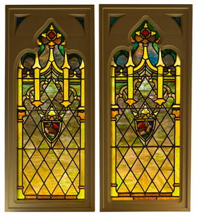 Tiffany Studios, A Pair of Gothic Revival Windows, St. Paul's Presbyterian, Philadelphia,: Tiffany StudiosA Pair of Gothic Revival Windows, St. Paul's Presbyterian, Philadelphia, Pennsylvaniacirca 1905leaded glass, mottled glass, plated glass50 1/2 x 20 1/2 inchesEach window depicting a Got