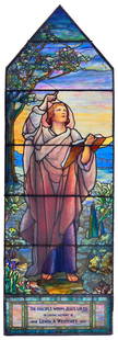 Tiffany Studios Scenic Window, "The Disciple Whom Jesus Loved," Stained & Leaded Glass: Tiffany StudiosScenic Window, "The Disciple Whom Jesus Loved"circa 1924stained & leaded glass, plated glass, mottled glass, drapery glass, patinated bronzesigned in enamel "Louis C. Tif