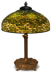 Tiffany Studios "Geometric" Table Lamp: Tiffany Studios"Geometric" Table Lampcirca 1905leaded glass, gilt bronzebase impressed "Tiffany Studios, New York, D1021" and with the Tiffany Glass & Decorating Co. monogram31 in. high, 22 1/2 in. di