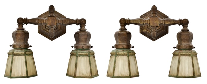 Tiffany Studios, A Pair of Two-Light "Favrile Fabrique" Sconces