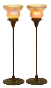 Tiffany Studios, A Pair of Candlesticks with "Pulled Feather" Shades