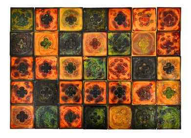 Tiffany Studios, Lot of 35 Favrile Glass Decorated Tiles