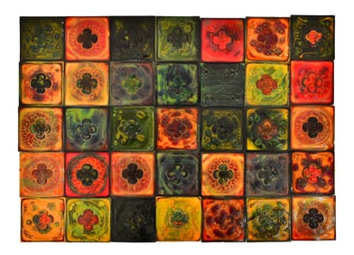 Tiffany Studios, Lot of 35 Favrile Glass Decorated Tiles