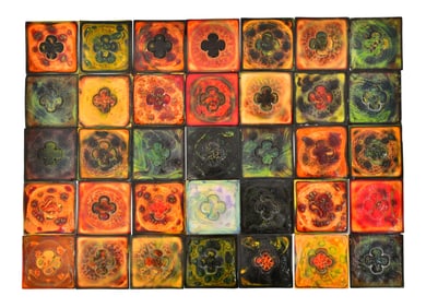 Tiffany Studios, Lot of 35 Favrile Glass Decorated Tiles