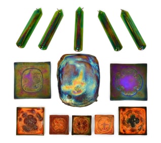 Tiffany Studios, A "Turtle-Back" Tile, Five Prisms and Seven Decorated Tiles