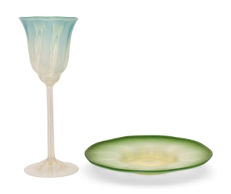 Tiffany Studios Pastel Favrile Glass Goblet & Plate