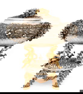 Italian 800 Silver Figural Tureen: Italian 800 Silver Figural Tureen 20th century decorated with putti, floral swags, grape clusters and fruit, marked "Sterling by Grand, Italy, 800" 20 1/2 x 19 1/2 x 12 inches 21.35 pounds (341.53